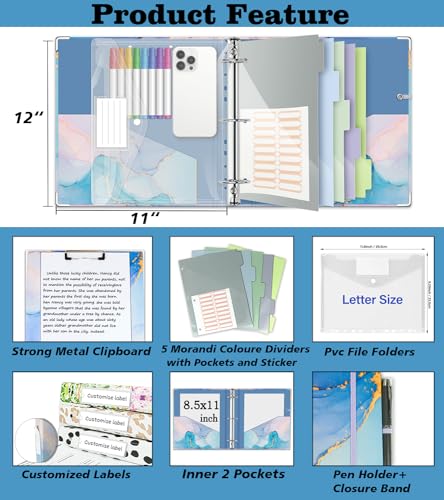 2 Inch 3 Ring Binder Organizer with Clipboard, 5-Tabs Pockets Dividers, Plastic Folder, 18 Divider Stikers, KLLVE Three Ring Binder with Pen Loop (Blue Marble, Letter Size) - color: Blue Marble, size: 2in（Letter Size）