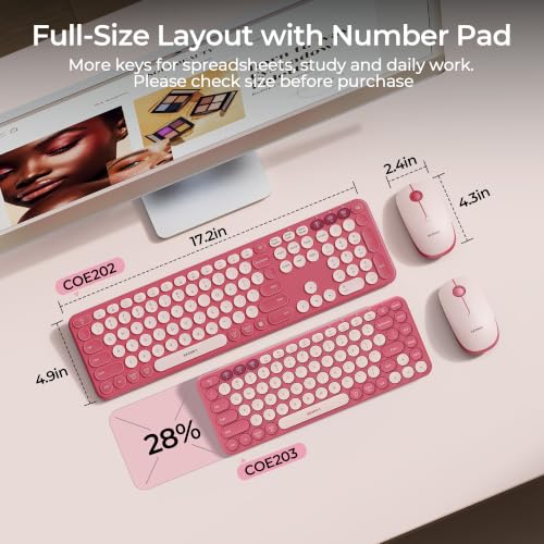 seenda Wireless Bluetooth Keyboard Mouse Combo, COE202 Retro Cute Round Keyboard, Silent Mouse, 3 Multi-Device Connection, Full Size Compatible for PC/Laptop/Mac/MacBook/iPad/Tablet, Pink - color: Pink