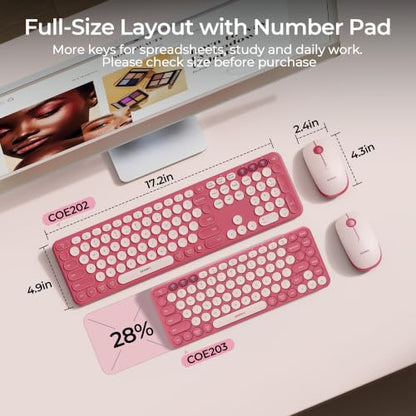 seenda Wireless Bluetooth Keyboard Mouse Combo, COE202 Retro Cute Round Keyboard, Silent Mouse, 3 Multi-Device Connection, Full Size Compatible for PC/Laptop/Mac/MacBook/iPad/Tablet, Pink - color: Pink