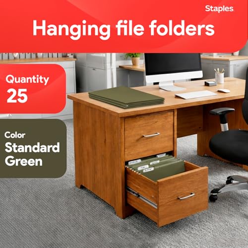 Staples Reinforced Hanging File Folders, Letter Size, 3" Expansion, Wide‑Capacity Box‑Bottom Design, Standard Green – 25/Pack - style: 25 Pack
