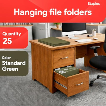 Staples Reinforced Hanging File Folders, Letter Size, 3" Expansion, Wide‑Capacity Box‑Bottom Design, Standard Green – 25/Pack - style: 25 Pack