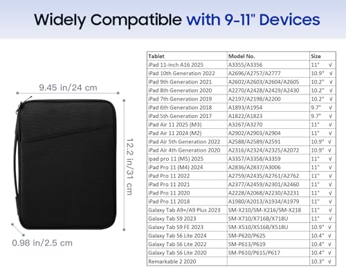 TiMOVO 9-11" Tablet Sleeve for iPad A16 & Galaxy Tab, Black | Protective Bag with Pockets, Fits iPad 10.9"/10.2" Air 11" 5th/4th Gen, Galaxy Tab A9+/A11+ 11" - color: Black, size: 9-11 Inch