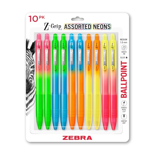 Zebra Pen Z-Grip Ombre Neon Retractable Ballpoint Pen, Black, 1.0mm, 10-Pk | Smooth Writing, Medium Point Tip, Ideal for Planners, Note-Taking, School and Office Supplies, and Everyday Writing (21201) - color: Black Ink Neon Barrel A