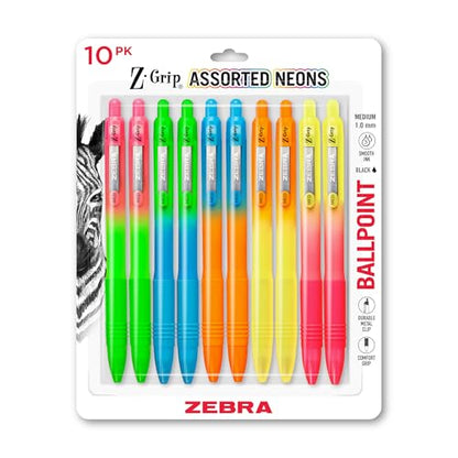 Zebra Pen Z-Grip Ombre Neon Retractable Ballpoint Pen, Black, 1.0mm, 10-Pk | Smooth Writing, Medium Point Tip, Ideal for Planners, Note-Taking, School and Office Supplies, and Everyday Writing (21201) - color: Black Ink Neon Barrel A