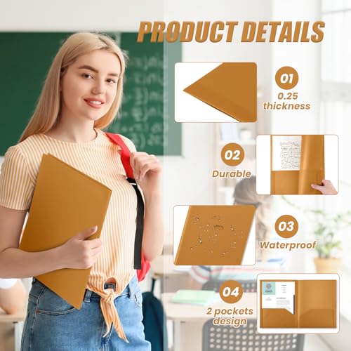 Gueevin 100 Pack Plastic Folder with Pockets, 2 Pocket Folders, Plastic Glossy Folders Fit Letter Size Paper, Heavy Duty Durable File Folder with Business Card for Home Office School (Brown) - color: Brown