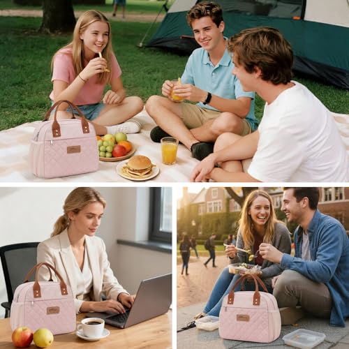 HOMESPON Insulated Lunch Bag for Women Men, Cooler Tote Box, Pink | Front Pocket, Side Mesh Pockets, Reusable, for Work, Picnic, Food Container - color: Pink