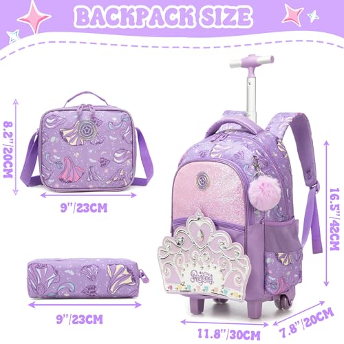 Rolling Backpack for Girls Rolling Bag Kids Rolling Suitcase with Lunch Box Pencil Case for Elementary Student Travel Luggage Girls - color: zihuangguan