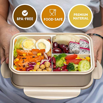 LOVINA Bento Box for Adults and Kids - 1400ML Portable, Lightweight, Easy to Carry Meal Holder with Spoon & Fork, Durable, Leak-Proof, BPA-Free and Food-Safe Materials - color: Khaki