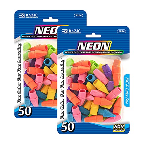 BAZIC Products Pencil-Top Eraser Caps, 50 Count, 2-Pack | latex-free, neon pencil-top eraser caps, PVC-free, non-abrasive, Slide onto standard pencils, Bulk classroom pack, 50 Coun - color: 50-count, size: 2-Pack