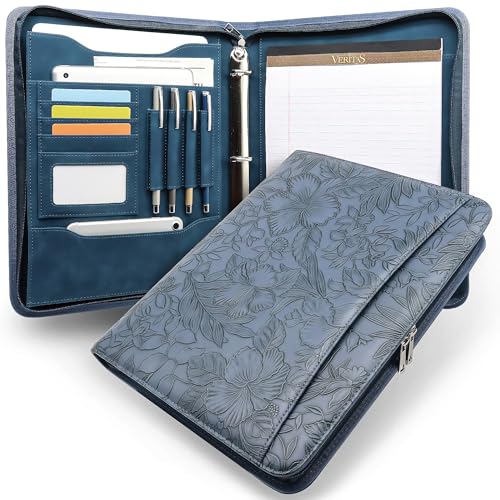 Embossed Faux Leather Zippered Padfolio with 3 Ring Binder, Executive Portfolio Organizer Binder for Women, Fits 13.9" Laptop/Tablet, Refillable Writing Pad Pocket, Blue - color: Blue, size: Zipper Portfolio(13.7"x11"x1.57")