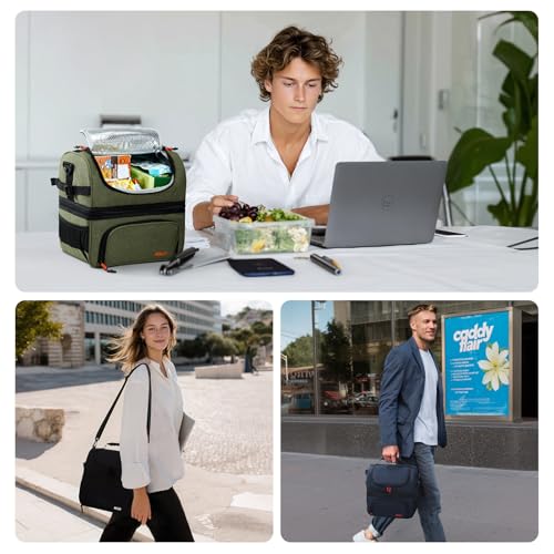 MIER Lunch Box for Men - Dual Compartment Adult Lunch Bag for Work, Black | Leakproof & Insulated; Lunchbox Cooler Tote with Side Bottle Holder; Detachable Shoulder Strap with Pad; Multi-Pockets - color: Black