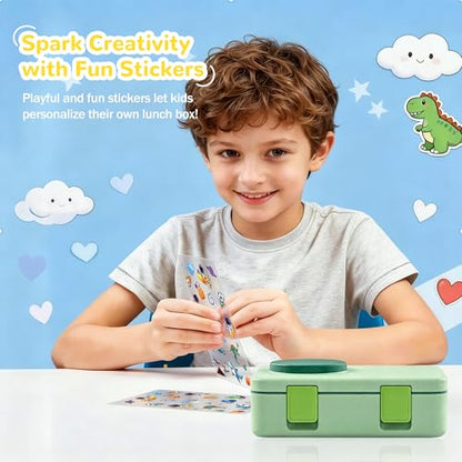 Bento Box for Kids, Leakproof Kids Bento Lunch Box Container with 8oz Insulated Thermo Food Jar, Sauce Jar, Utensil, DIY Stickers for School Boys Girls, 3-4 Compartments, BPA-Free - color: Light Green