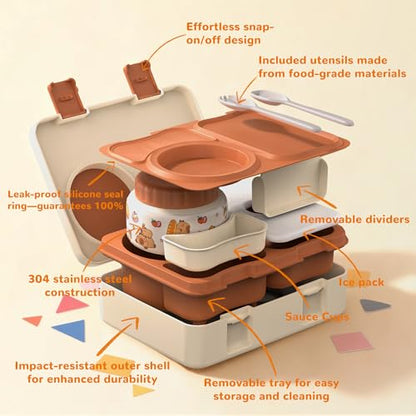 Bento Lunch Box for Kids Adult, Leakproof 3-4 Compartment Bento Box Set with Insulated Food Jar,Water Bottle, Lunch Bag, School Lunch Container for Toddler Teen Girls Boys Ages 3+(Brown) - color: Brown