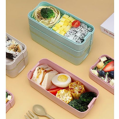 Adult Lunch Box Square 3 Compartment 900ML Sealed Bento Box 3 Layers All-in-One Stackable Bento Box Containers with Fork Spoon for Home Travel Office Plastic Lunch Box (Green)
