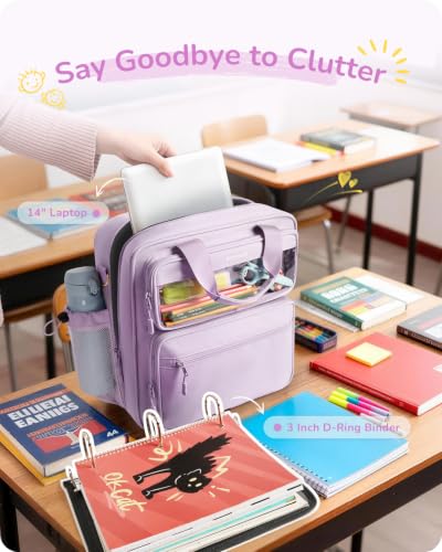 Zipper Binder 3 Ring with Ita Window, 3 Inch D-Ring Binder with Zipper and Strap Fits 14" Laptop, 600+ Sheets Capacity 3-in-1 Shoulder/Backpack/Handle Binder Bag for School Office Commute, Purple - color: Purple