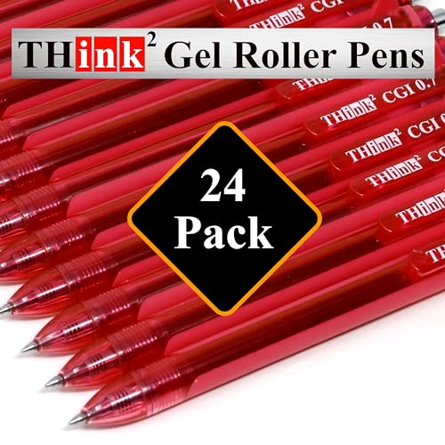 [24 Pens - Red Ink] Think2 0.7mm CGI Retractable Gel Pens. (24 Red) Medium Point Rollerball Pens with Smooth Quick Drying Ink. - color: Red