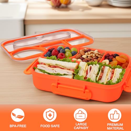 Bento Box for Adults,4 Compartments Lunch Box, Snack Containers Reusable Lunch Containers Drop-Proof, Dishwasher Safe & Made with BPA-Free Materials, Orange - color: Orange