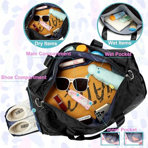 Jumpopack Dance Bag for Girls Duffle Bag Girls Overnight Bags Sleepover Gym Gymnastics Bags with Shoe Compartment and Wet Pocket,Leopard Shape - color: Leopard Black