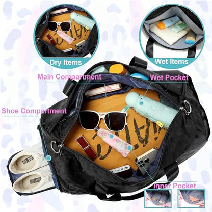 Jumpopack Dance Bag for Girls Duffle Bag Girls Overnight Bags Sleepover Gym Gymnastics Bags with Shoe Compartment and Wet Pocket,Leopard Shape - color: Leopard Black