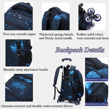Mildame Geometric Print Rolling Backpack for School Boys Girls with Lunch Bag Teens Bookbag with Wheels Kids Trolley Bag Set, Six Wheels - color: Blue Set-6 Wheels