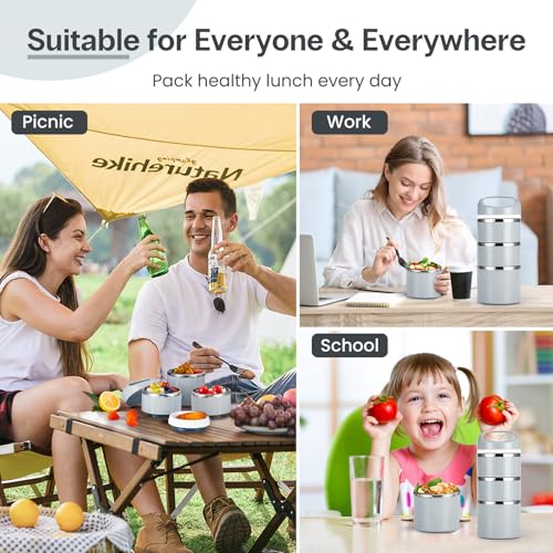 Lille Home Stackable Stainless Steel Thermal Compartment Lunch/Snack Box, 3-Tier Insulated Bento/Food Container with Lunch Bag and Three Extra Seals, 43OZ (Gray) - color: Gray