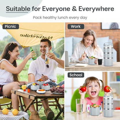 Lille Home Stackable Stainless Steel Thermal Compartment Lunch/Snack Box, 3-Tier Insulated Bento/Food Container with Lunch Bag and Three Extra Seals, 43OZ (Gray) - color: Gray