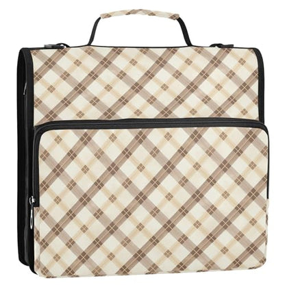 Plaid Zipper Binder 3 Ring Binder with Zipper 1.5 Inch Shoulder Strap & Handle Binders Organizer Bag Oatmeal Color - color: Oatmeal Color