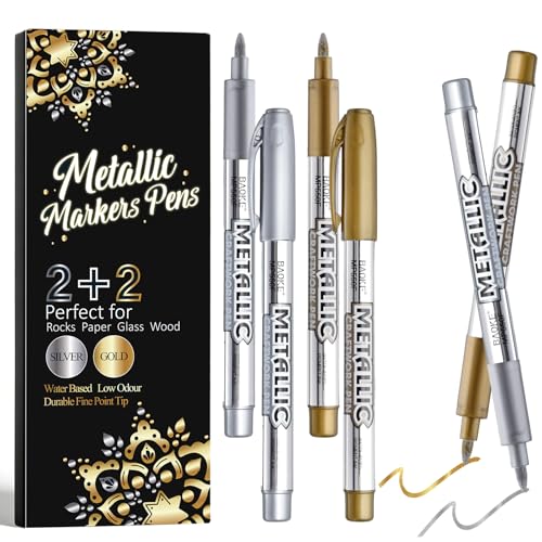 4 Pack Metallic Markers Pens, Water Based Silver & Gold Paint Pens, Gold & Silver Ink Pen with Durable Fine Point Tip for Black Paper, Rock Painting, Halloween Card Making, Multi Surface Art Crafts - color: 4 Colors