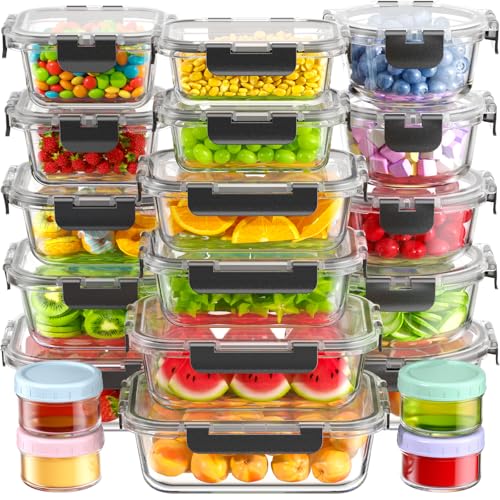 Canfanni 40 Piece Glass Food Storage Containers with Lids, Borosilicate Meal Prep Containers, BPA-Free, Stackable, Airtight Leak-Proof, Microwave, Dishwasher, Freezer Safe (20 lids & 20 Containers)