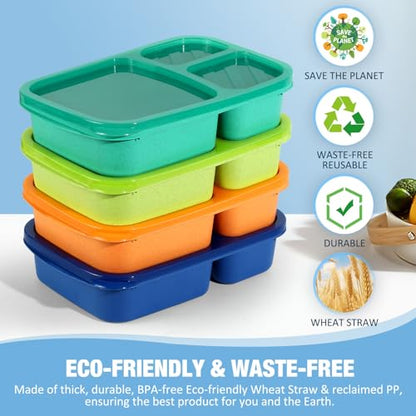 Caperci Bento Lunch Box Containers for Adults & Kids - 3-Compartment Reusable Meal Prep Containers with 2Pc Sauce Containers for School, Work, Travel, Wheat Straw, Set of 4 (Jewel Brights) - color: Jewel Brights