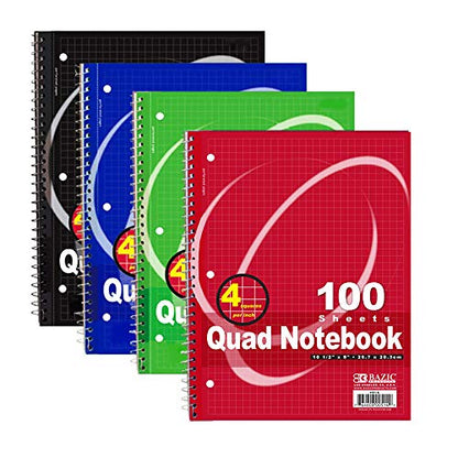 BAZIC PRODUCTS Quad-Ruled Spiral Notebook, 4 Grid, 100 Ct, 24-Case | 100 sheets, 4-square per inch grid, wire binding lays flat, math and graphs