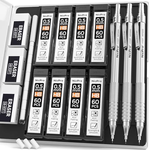 Nicpro 0.5 Mechanical Pencil Set with Case, 3PCS MP1000 Metal Artist Pencil & 8 Tube HB Lead Refills 0.5mm, 3 Erasers,9 Eraser Refills For Architect Writing Drafting, Drawing, Engineering, Sketching - color: Silver, style: 0.5 MM