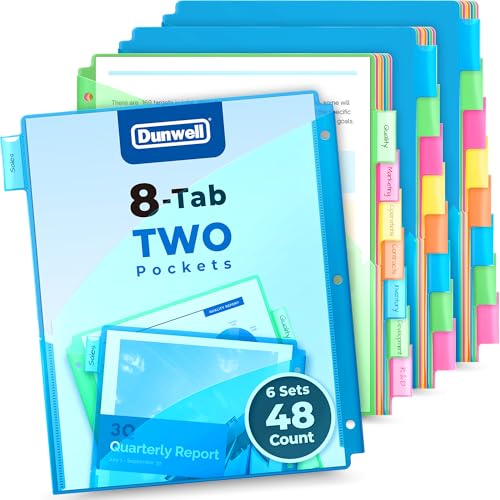 Dunwell 2-Pocket 8-Tab Divider Pockets, (6 Sets, 48 Count), 5 Colors, Plastic 8 Subject Notebook Tab Dividers for 3-Ring Binders, Includes Label Inserts, Durable Acid-Free Poly - size: 6 Sets (48 pcs)