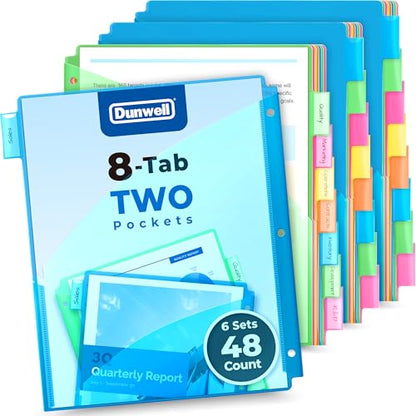 Dunwell 2-Pocket 8-Tab Divider Pockets, (6 Sets, 48 Count), 5 Colors, Plastic 8 Subject Notebook Tab Dividers for 3-Ring Binders, Includes Label Inserts, Durable Acid-Free Poly - size: 6 Sets (48 pcs)