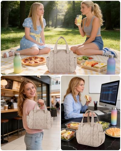 Quilted Puffer Lunch Bag for Women, Insulated Lunch Tote with Foil Lining, Leak-Resistant Reusable Lunch Cooler Bag, Roomy Soft Lunch Box for Work, School, Picnic and Travel (Khaki) - color: Khaki