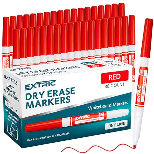 EXTRIC Red Dry Erase Markers Fine Tip 36 PK Whiteboard Markers | Use: School, Classrooms, Offices, Color: Vivid Red Ink, Tip Style: Fine Tip, Feature: Low-Odor and Non-Toxic - color: Red, size: 1 Count (Pack of 36)