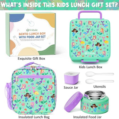 Fimibuke 60oz Kids Bento lunch Box with Insulated Lunch Bag & 8.5oz Thermo | Leakproof 3-4 Compartment Toddler Kids Lunch Box Food Container w/ Utensils, Sauce Cup for School Boys Girls, Dishwasher Safe - color: A3.Underwater Mermaid