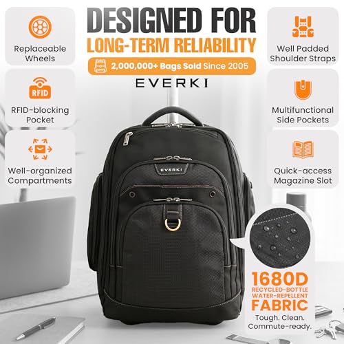 EVERKI Atlas Wheeled 2 Rolling Backpack, 30L 13 To 17.3-Inch Laptops Travel Backpack with Wheels for Professional, RFID-Blocking Pocket, Book Bag with Wheels, Business Travel. Quick-access Pockets - size: Atlas Wheeled V2 - 30L