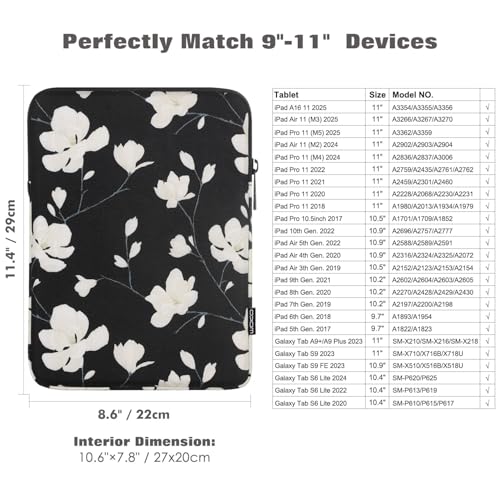 MoKo 9-11 Inch Tablet Sleeve Bag Carrying Case Fits New 11inch iPad Air M4, iPad A16 2025, iPad Pro 11 M4, Air 5/4/3, iPad 10/9/8th Gen, Tab S8/S9 11", Tablet Carrying Case, Magnolia - color: Black & White Magnolia, size: 9-11 inch