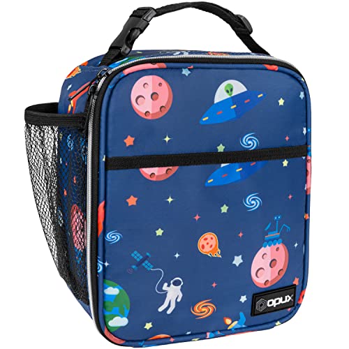 opux Insulated Lunch Bag for Kids Boys Girls, Small Compact Lunch Box with Wide Opening & Mesh Pockets, Reusable Lunch Pail for School, Work, Adults, Men, Women, Space Astronaut - color: Space Astronaut