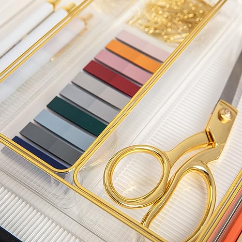 Martha Stewart Kerry Plastic Stackable Office Desk Drawer Organizers, 12" x 3", 6 Pack, with Gold Trim - size: 12" x 3"