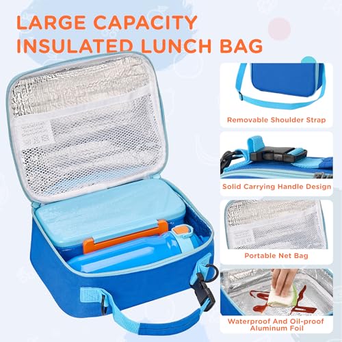 MAISON HUIS Bento Box for Kids with 8oz Soup Thermo, Insulated Lunch Bag & 17oz Water Bottle, 2-Compartment Bento Box with Built-In Ice Pack, Leak-Proof & BPA-Free (Blue) - color: Blue