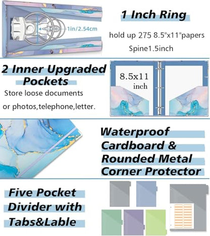 3 Ring 1 Inch Binder Organizer, KLLVE Three Ring Binders with Clipboard, 5-Tabs Pockets Dividers, Plastic Folder, 18 Divider Stikers,Pen Loop (Blue Marble, Letter Size) - color: Blue Marble, size: 1in（Letter Size）