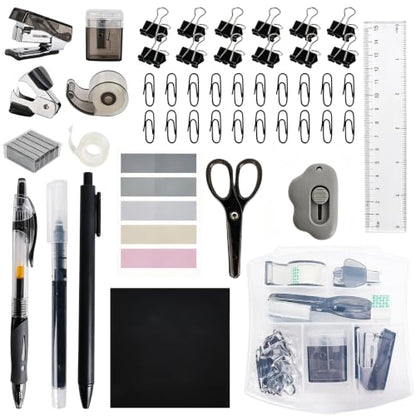 Mini Office Supply Kit, Mini Stapler with Staples and Tape Dispenser Set, Mini School Supplies Kit Includes Sticky Notes Index Tabs Gel Pens for Office & School (Black) - color: Black