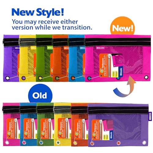 BAZIC PRODUCTS Bright Color 3-Ring Pencil Pouch with Mesh Window, 6-Set | clear mesh window and a zipper closure for pens, pencils, supplies - size: 6 Count (Pack of 1)