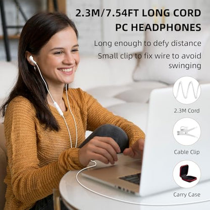 USB Earbuds with Microphone for PC Laptop Computer, 7.5FT White | Noise Isolating Computer Headset with Volume Control Stereo Bass Wired in Ear Earbuds for Gaming Zoom Meeting Office Worker