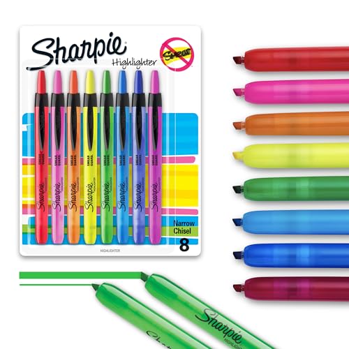 Sharpie Retractable Highlighters, Chisel Tip, Assorted Colors, Smear-Resistant, 8 Count - Teacher Essentials, Back to School Supplies