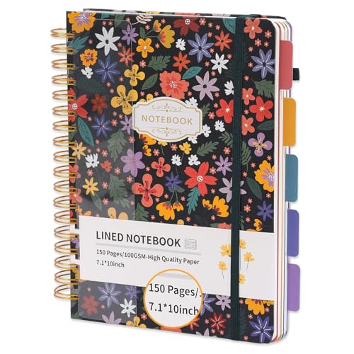 Hardcover Spiral Notebook 7.1"x10" Journal with Removable Divider Tabs, 150 Pages, 5 Subject Notebook, Ideal for Women Work Stationery, Pretty Student Planner, Meetings, Essential Notebooks, Tabbed Notebook, Aesthetic Subject Journal