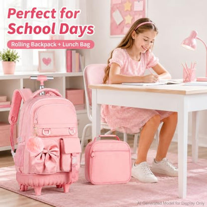 HPJGD 3PCS Girls Rolling Backpack, Pink Bow Tie Wheeled School Backpacks, Water-Resistant Roller Bookbag Set - color: Pink Bowknot Rolling Backpack Set