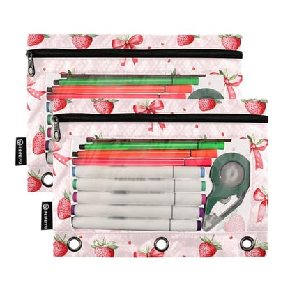 2 Pack Pencil Pouches for 3 Ring Binder, Pink Strawberries Bows Pattern Zipper Pouch, Pencil Case for Binder, Clear Top Pen Bag with Grommets for Office School College